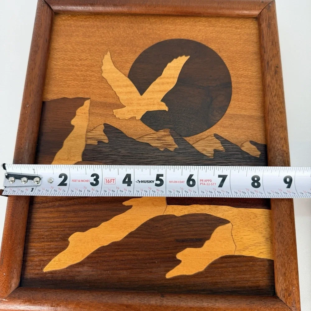 Marquetry Flying Eagle Sunset Scene Over Mountains Wall Art‎ Vintage 11